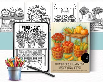 Cosecha en la granja: Libro para colorear Edición Día de Mercado, Páginas para colorear de escenas rústicas de mercado agrícola, Otoño acogedor, Hojas para colorear de nivel intermedio