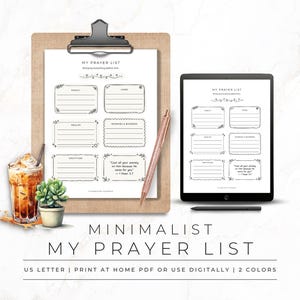May include: A minimalist prayer list design, displayed on a clipboard and a tablet. The design includes sections for family, home, health, worries, gratitude, and a Bible verse. A pen, a drink, and a small plant are also in the image.