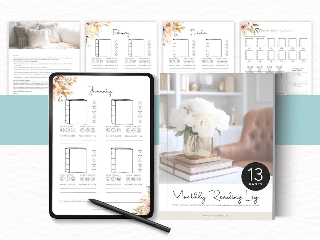 Monthly Reading Log, Yearly Reading Tracker, Book Review Journal Page ...