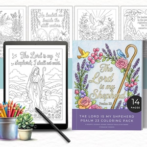May include: A digital tablet displaying a coloring page with a shepherd and sheep, next to a printed coloring book cover titled The Lord is my Shepherd Psalm 23, a metal bucket of colored pencils, and a small potted succulent plant.