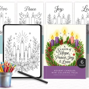 Peut inclure: Un pack de coloriage numérique comprenant six pages sur le thème des bougies de l'Avent. La couverture présente une couronne avec des bougies et le texte A Season of Hope, Peace, Joy & Love. Inclut un seau de crayons et un stylet noir.