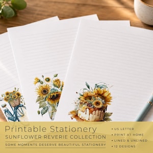 May include: Three sheets of white stationery paper with horizontal lines, each featuring a different watercolour sunflower illustration at the bottom: a bicycle with a basket, a glass vase, and a cake. Text reads: Printable Stationery.