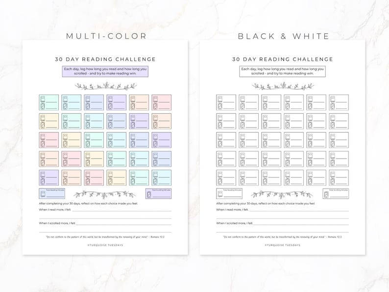 30 Day Reading Challenge Printable, Screen Time Tracker, Scroll Less ...