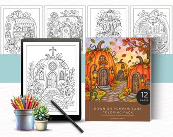 Desenhos de abóboras para colorir, livro de colorir de outono para imprimir, pacote aconchegante de desenhos de colheita de outono para colorir, livro de colorir de abóboras encantador, estilo cottagecore