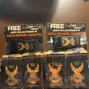 unopened pack of harley davidson cigarettes 1987 Harley-davidson Custom Blend Full Flavor Cigarettes & Scripto Lighter  Deco