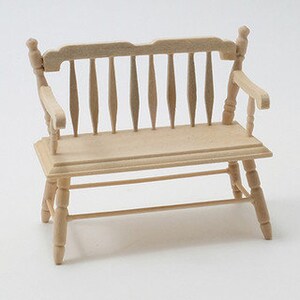 May include: A wooden bench with a slatted back and turned legs. The bench has a simple, rustic design and is perfect for adding a touch of country charm to any space.