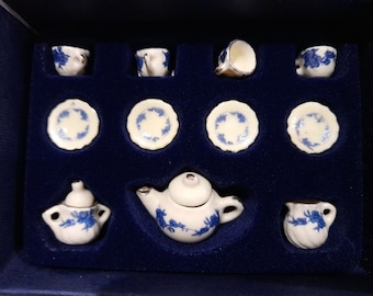 Dollhouse Miniature - Ceramic Tea Set Cream and Blue 12 Piece - 1:12 Scale REDUCED