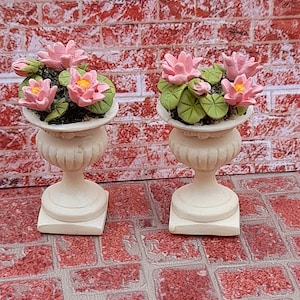 Dollhouse Miniature PAIR Pink Flowers in Urn 1:12 Scale - made from resin