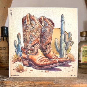 Carte de voeux d'anniversaire / bottes western de cow-boy faites main - blanc cassé et or