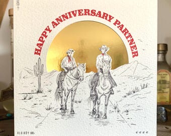 Western Happy Anniversary Partner - Handmade Card - White Black & Gold