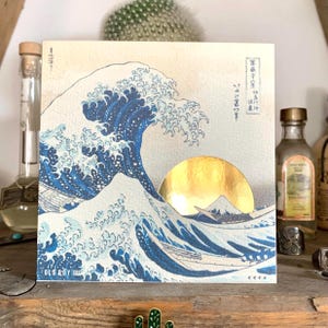 Biglietto di auguri/compleanno fatto a mano giapponese Hokusai's Wave - Gold Sun Mount Fuji - La grande onda di Kanagawa
