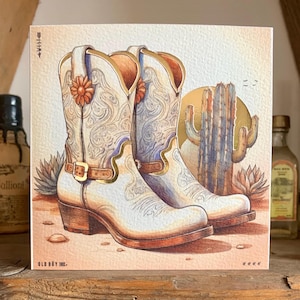 Carte de voeux d'anniversaire / bottes de cow-girl faites main - blanc cassé et or