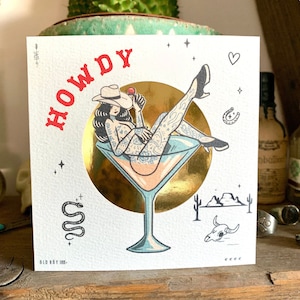 Howdy - Tattooed Pin Up Cowgirl - Handgemachte Geburtstagskarte / Glückwunschkarte - Weiss & Gold