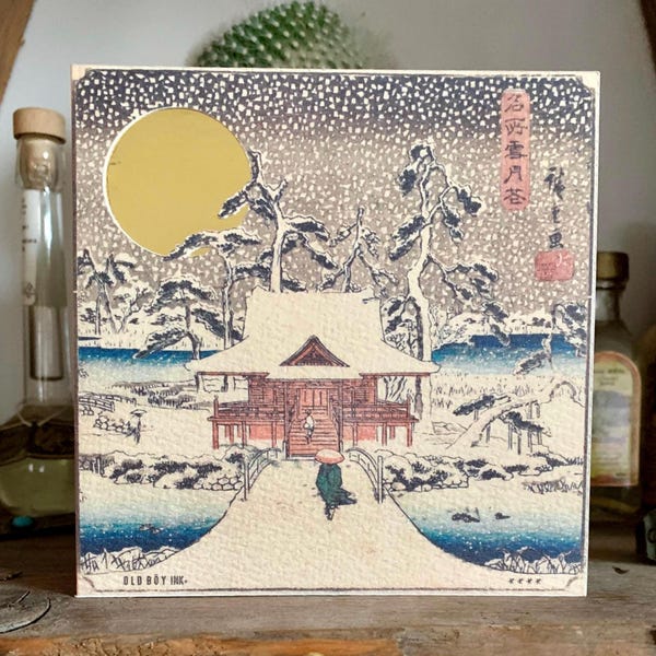 Handmade Japanese Greetings Card - Snow Scene Shrine of Benzaiten