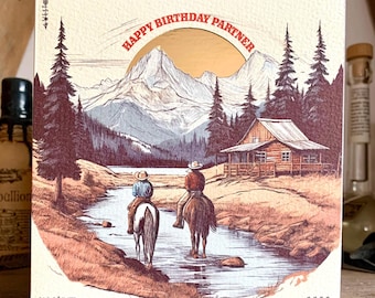 Handgemaakt - Happy Birthday Partner - westernkaart - gebroken wit en goud