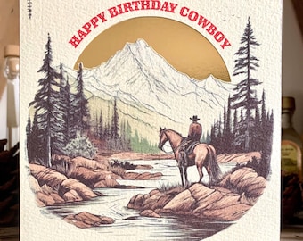 Tarjeta de cumpleaños de vaquero hecha a mano - Blanco roto y dorado