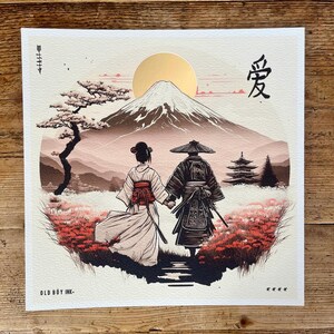 Handmade Japanese Samurai Couple - Unframed Print - Gold Underlay