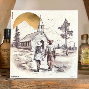 Western Wedding / Greetings Handmade Card - Off White & Gold