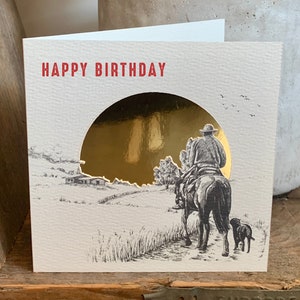Cartão de aniversário / felicitações feito à mão com cowboy e cachorro do oeste - Branco e dourado