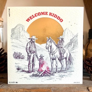 Carte western faite main pour nouveau-né - Welcome Kiddo - Blanc cassé et or