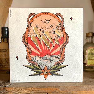 Tatuagem Flash Feita à Mão - Tempestade de Raios no Mar - Cartão de Aniversário / Saudações - Branco e Dourado