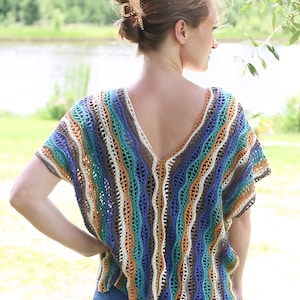 Pu&ograve; includere: Un top a righe in crochet con scollo a V e maniche corte. Il top &egrave; realizzato in una variet&agrave; di colori, tra cui blu, verde, marrone e bianco.