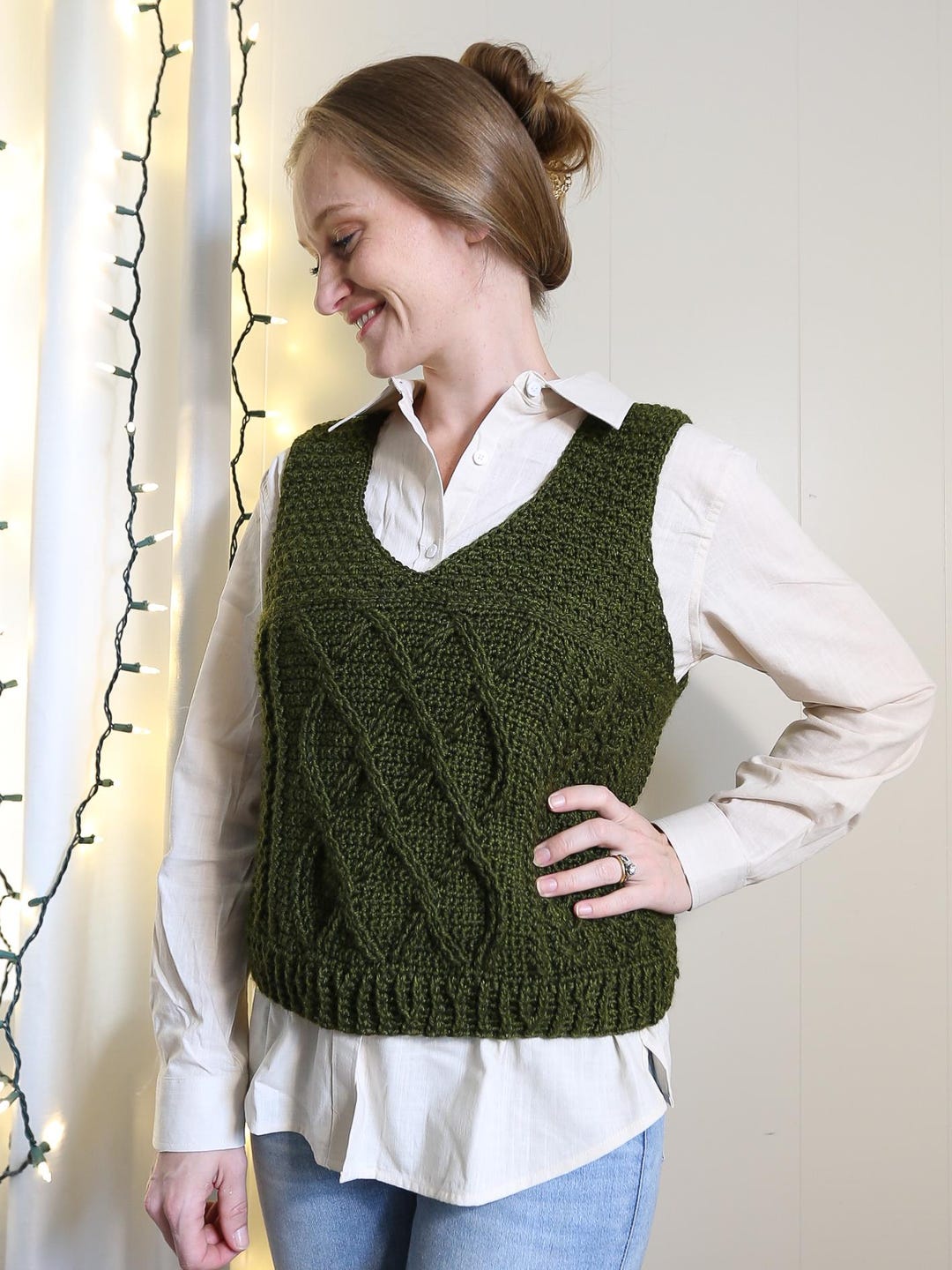 Crochet Cabled Vest Pattern: V-neck Pullover Sweater (PDF Download