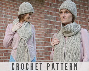 CROCHET PATTERN - Crochet Herringbone Hat and Scarf - Faux Knit Look