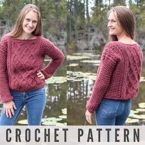 CABLE CROCHET SWEATER Pattern - Long Sleeve Baggy Sweater with Crocheted Cables