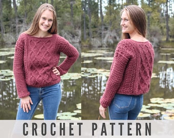 CABLE CROCHET SWEATER Pattern - Long Sleeve Baggy Sweater with Crocheted Cables