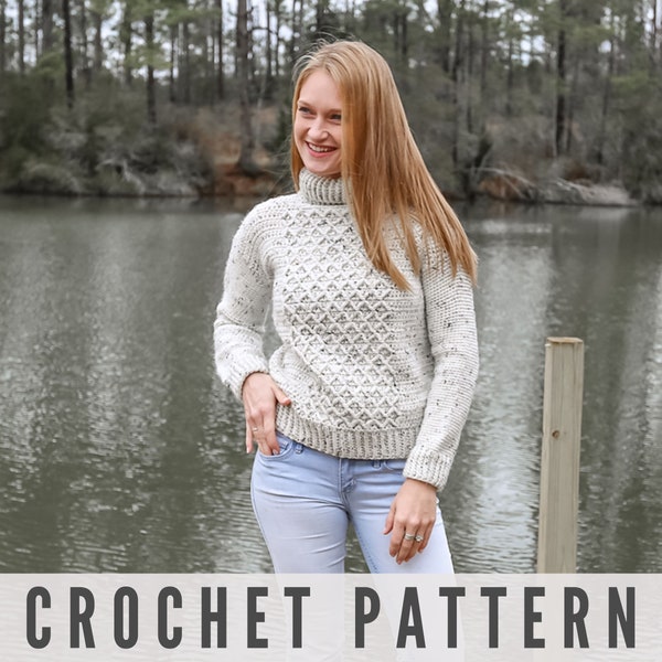 CROCHET PATTERN - Collared Turtleneck Pullover Sweater with Diamond Stitch Crochet Detail