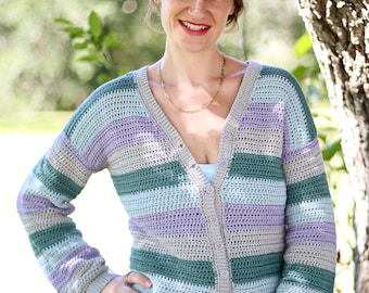 Crochet Striped Cardigan Pattern: Knit-Look Button Sweater, Striped DK Yarn Cardigan (PDF Download E-Book)