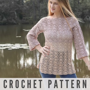 CROCHET PATTERN - Lace Tunic,  Long Sleeve Top, Shell Stitch Crochet - Printable PDF