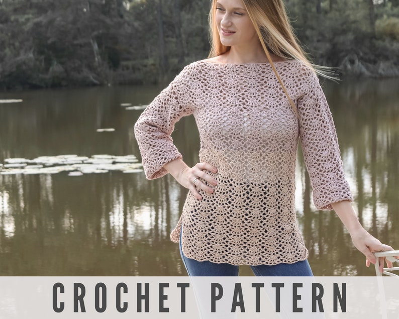 CROCHET PATTERN Lace Tunic, Long Sleeve Top, Shell Stitch Crochet Printable PDF image 1