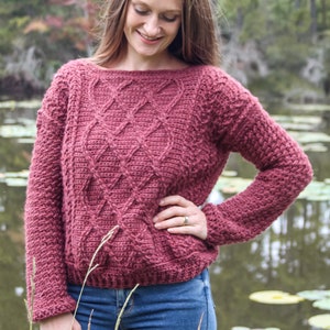 CABLE CROCHET SWEATER Muster - Langarm Baggy-Pullover mit gehäkelten Zopfmuster