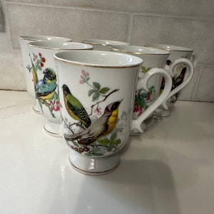 Set of 6 porcelain vintage song bird pedestal mugs teacups coffee gold trim etching  free shipping