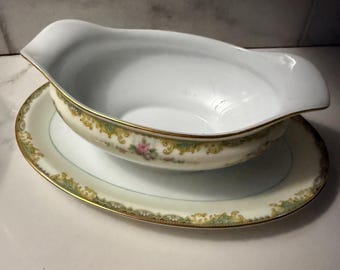 Vintage Noritake "Gloria" Gravy Boat with Attached Underplate | Green M In Wreath Mark