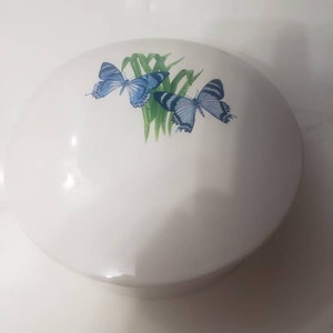 Blue Butterfly covered Trinket Dish candy bowl jewelry  dish with lid round White Porcelain FTD stamp vintage 1980s gift idea mothers day