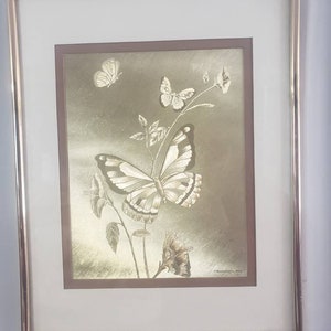 Vintage 1983 manifestations optical illusionary art framed butterflies flowers signed framed Gold foil art modern design wall art free ship