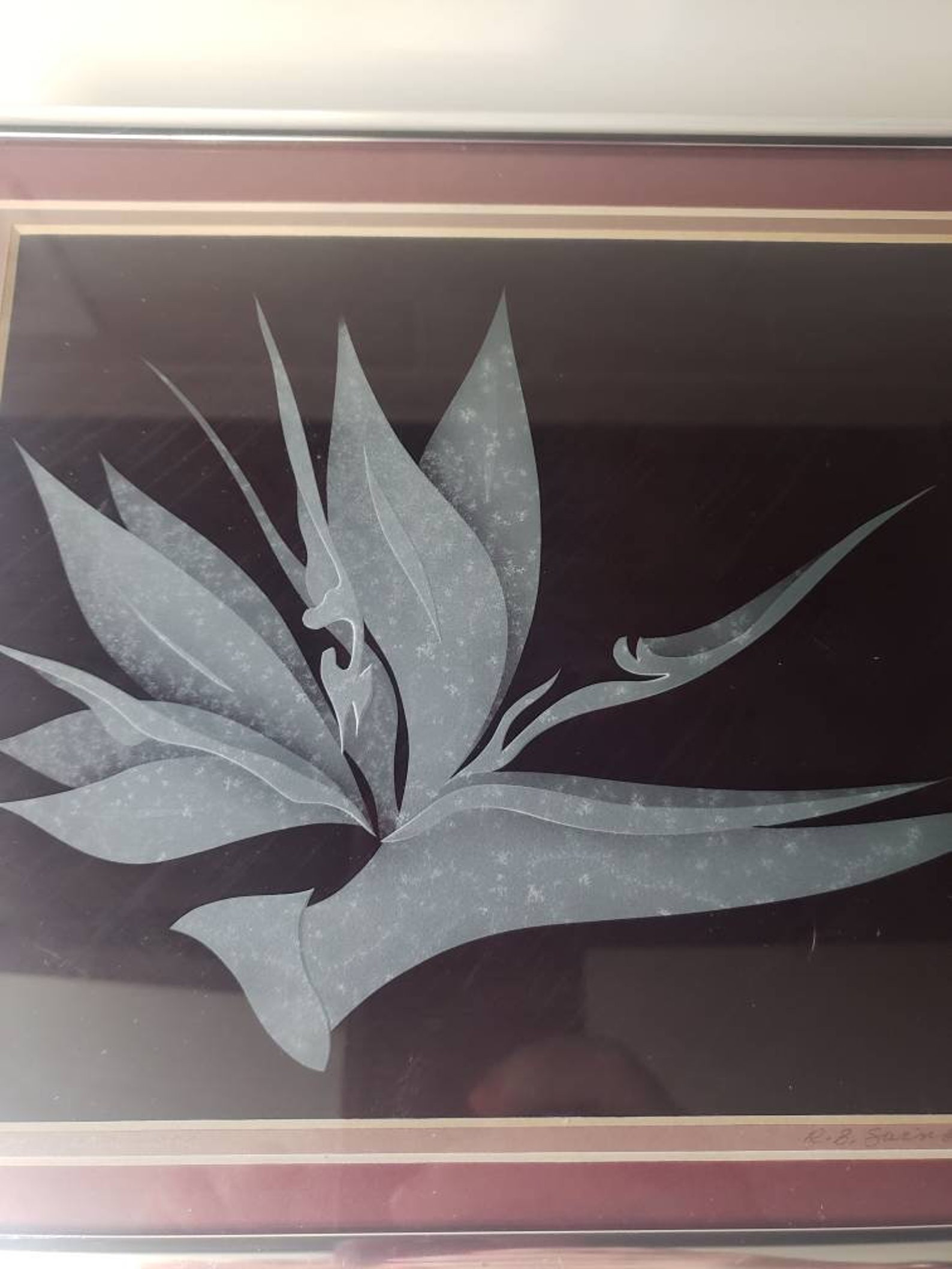 Vintage Etched Glass Art Bird of Paradise Hawaii Hawaiian Signed Artist