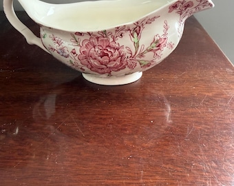 Vintage English Ironstone Gravy Boat | Red Pink Floral Transferware Sauce Pitcher | Made in England Antique Chintz Dinnerware