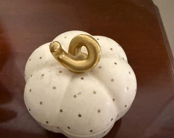Antique Arthur Percy for Gefle Sweden Porcelain Pumpkin Trinket Box - Model 2039 Mid Century Scandinavian Gold Polka Dot Lidded Bonbonniere