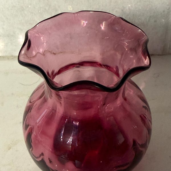Vintage Cranberry Glass Mini Rose Bowl Vase | Mid Century Small Ruffled Pink Art Glass | 4" Swirl Thumbprint Flared Vase FREE SHIPPING