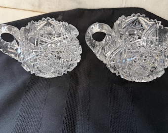 Antique ABP Cut Glass Creamer & Sugar Set | American Brilliant Period Hand Cut Crystal | Sawtooth Rim and Hobstar Pattern