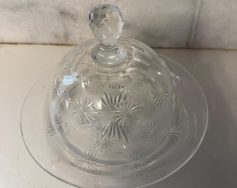 Vintage Mid-Century Cut Glass Round Butter Dish with Dome Lid | Starburst Pattern | 7" Underplate | Faceted Ball Finial