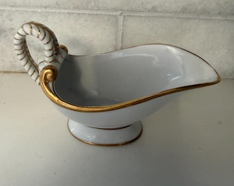 Vintage White Porcelain Individual Gravy Boat - Gold Rope Handle - Elegant Sauce Server