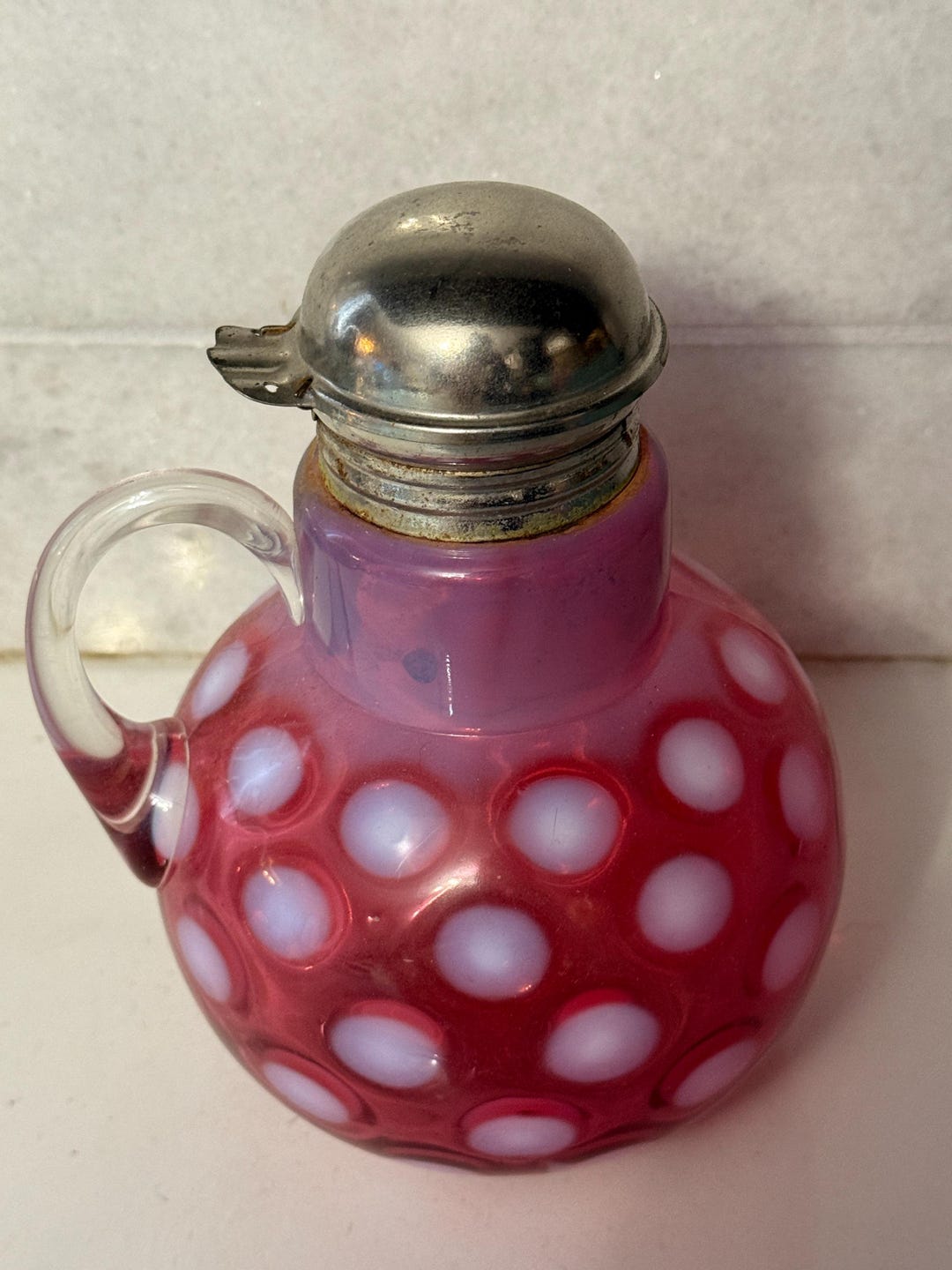 Vintage Fenton Cranberry Opalescent Coin Dot Syrup Pitcher | Pink Art ...
