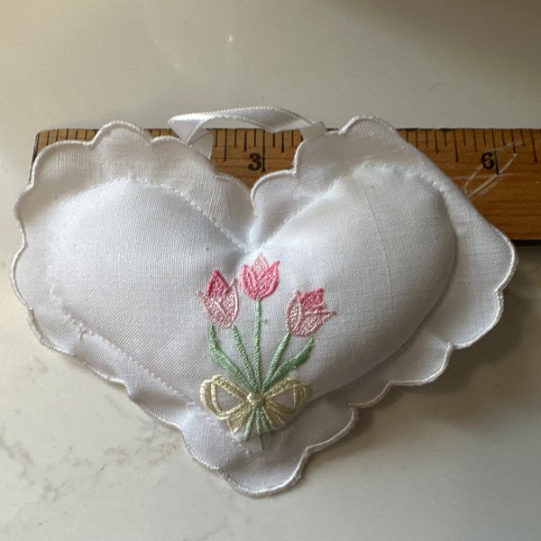 Heart shaped pillow sachet pin cushion vintage old stock embroidered bouquet pink heartland design home decor door knob hanging free ship