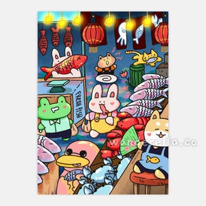 Fish market art print | Kawaii Art print | Bunny Art | Animal Crossing inspired art | Japan art print | Tsukiji market | Cute animal art