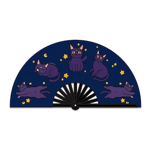 Cat hand fan for festivals, raves | Japanese anime hand fan | Bamboo folding fan | Luna hand fan | Big clack fan | Starry night fan